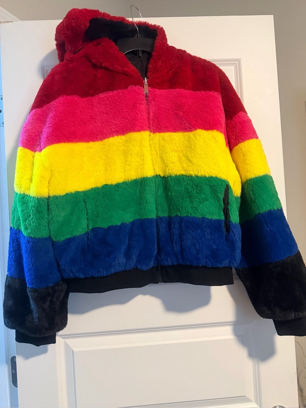 Women Rainbow Faux-Fur Hooded Jacket - Multicolor